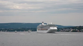 Et stort cruiseskip som seiler gjennom Oslofjorden, med Oslo by i bakgrunnen.