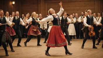 En tradisjonell norsk folkedans med en felespiller som spiller en livlig melodi.