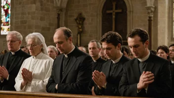 En gruppe mennesker samlet i en kirke, ber sammen med hendene foldet og øynene lukket.