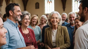 En gruppe mennesker fra ulike aldersgrupper og bakgrunner samlet sammen i en kirke, smiler og chatter med hverandre, med en følelse av fellesskap og tilhørighet.