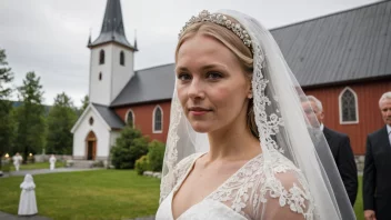 En norsk brud i hvit brudekjole og slør, stående foran en kirke.