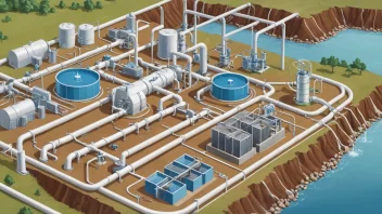 Et vannforsyningssystem, inkludert vannkilder, behandlingsanlegg og distribusjonsrør.