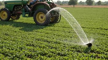 En bonde vanner en åker med en hageslange, med en traktor i bakgrunnen, som illustrerer prosessen med vatninga