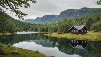 En koselig tømmerstue i skogen, med en innsjø i bakgrunnen.