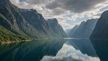 Et vakkert fyord i Norge med bratte fjell og stille vann