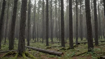 En skog med døde trær i forgrunnen, med en frisk skog i bakgrunnen.