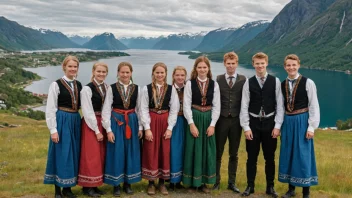 En gruppe unge mennesker fra landsbygden i Norge, kledd i tradisjonelle klær.