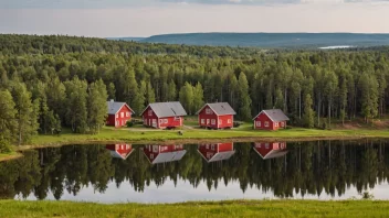 Et malerisk landskap av Dalarna, Sverige, med tradisjonelle røde trehus og en innsjø i bakgrunnen.