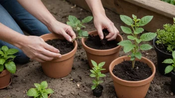 En person transplanterer en liten plante til en ny potte.