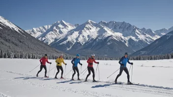 En gruppe langrennsløpere i aksjon, med snødekte fjell i bakgrunnen.