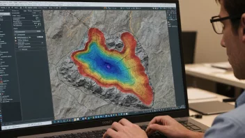 En person som arbeider på en datamaskin med en geologisk modell på skjermen.