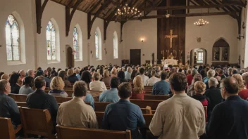 Et menighetsmøte i en kirke, hvor mennesker sitter i en sirkel og diskuterer og deler åndelige erfaringer.