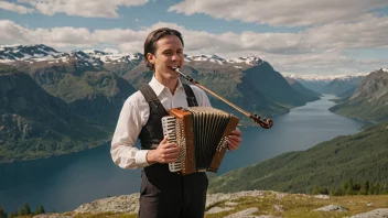 En person synger med et fjellandskap i bakgrunnen, med et tradisjonelt norsk instrument i forgrunnen.