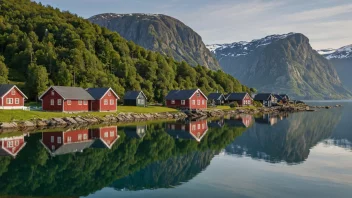 Et naturskjønt bilde av Øksfjords, med tradisjonelle norske hus og en fjord i bakgrunnen.