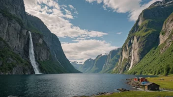 Et vakkert landskap av en norsk fjord med bratte fjell og fossefall i bakgrunnen