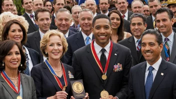 En scene med feiring og anerkjennelse, hvor mennesker er samlet rundt en nasjonalhelt og gir utmerkelser eller medaljer.