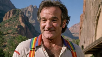 Robin Williams som Mork fra Ork, med sine ikoniske regnbuefargede bretter og et tåpelig uttrykk i ansiktet.