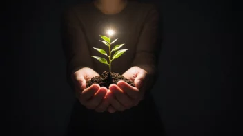 En person holder et lite plant, med et sterkt lys på det, som symboliserer vekst og utvikling.