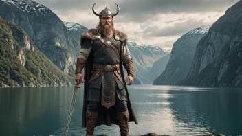 En vikingkonge som står foran en fjord, symboliserer makt og ledelse.