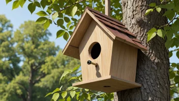 Et fuglehus montert på en gren, som gir fugler et trygt og koselig hjem.