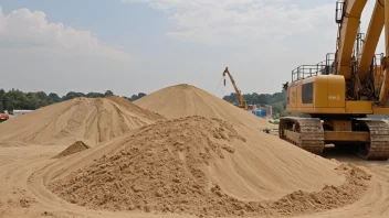 En byggeplass med en stor haug av sand, brukt til bygge- og infrastrukturprosjekter.