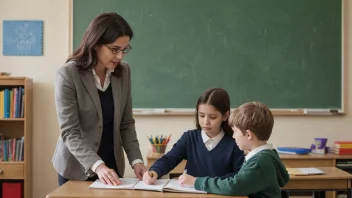 En voksen som veileder et barn eller en elev, med en skole eller hjem som bakgrunn.