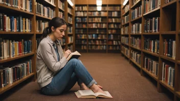 En person som sitter i et bibliotek, omgitt av bøker, med en tankefull uttrykk i ansiktet.