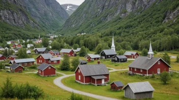 En idyllisk landsby i det norske landskapet med trehus og en sentral kirke.