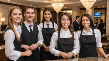 En gruppe hotellansatte i en lobby, klar til å hjelpe gjester.