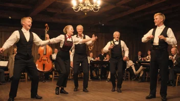 En levende scene av mennesker som danser i tradisjonelle norske klær, ledsaget av et band som spiller instrumenter som fele og trekkspill.