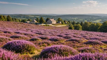 Et pittoreskt landskap av et lyngområde med en liten bosetning i bakgrunnen, karakterisert av rullende åser og en mengde lilla lyngblomster.