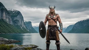 En sterk og modig norsk vikingkriger som står foran en fjord.