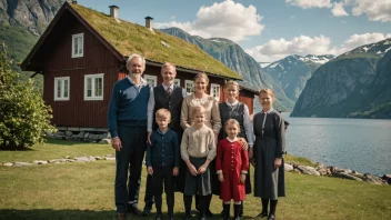 En familie med etternavnet Pedersen foran et tradisjonelt norsk hus.