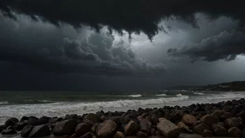 En dramatisk illustrasjon av en stormfull natt med mørke skyer og kraftig regn