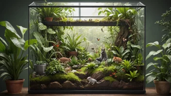 Et terrarium med ulike planter og smådyr, som viser et kontrollert miljø.