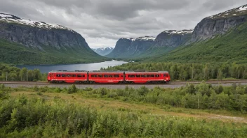 Et tog med en skilt som sier 'Morgenekspress' på norsk, med et naturskjønt norsk landskap i bakgrunnen