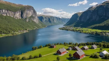 Et malerisk landskap av en norsk fjord eller dal med en liten bosetning i bakgrunnen