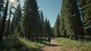 Et fredelig og rolig bilde av en person som går i en skog, omgitt av natur