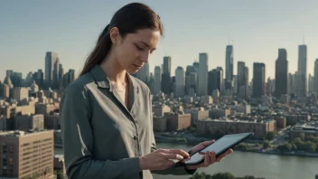 En person samler inn data ved hjelp av en tablet, med en by i bakgrunnen, noe som symboliserer bruken av innsamlingsløsninger i urbane områder.