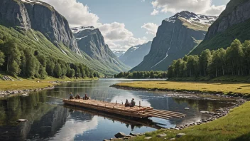 En tømmerfløting som flyter nedover en elv, med et storslått norsk landskap i bakgrunnen.