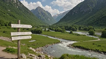 Et vakkert landskap med et fjell og en elv, med en skilt i forgrunnen som viser navnene på stedene