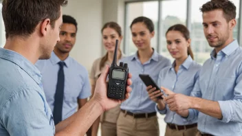 En person som holder en walkie-talkie, med et team som arbeider sammen i bakgrunnen.