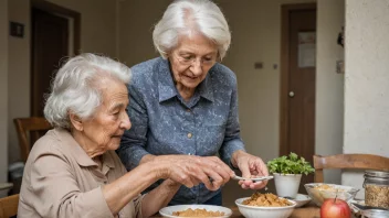 En omsorgsperson som hjelper en eldre kvinne med daglige oppgaver.