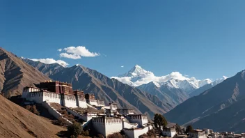 Et åndeløst landskap av Tibets Himalaya-fjell og et buddhistisk kloster.