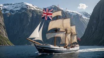 Et veteranskip som seiler i en norsk fjord, med et flagg som vifter i vinden.