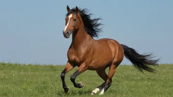 En vakker hest i galopp, med en flytende man og hale, i en grønn eng med en blå himmel