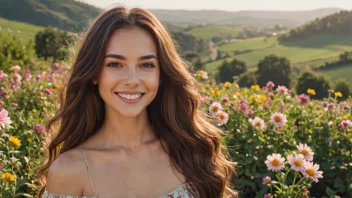 En vakker kvinne med langt hår og et strålende smil, omgitt av blomster og et solfylt landskap.