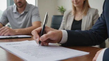 En person som signerer en lånekontrakt med en bankrepresentant i bakgrunnen