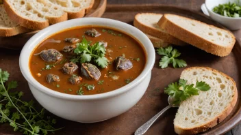 En deilig og tradisjonell skilpaddesuppe, laget med ferske ingredienser og servert med et stykke grovt brød.