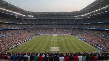 Et stort stadion med lag fra forskjellige regioner som konkurrerer i en turnering, med en mengde tilskuere som heier dem frem.